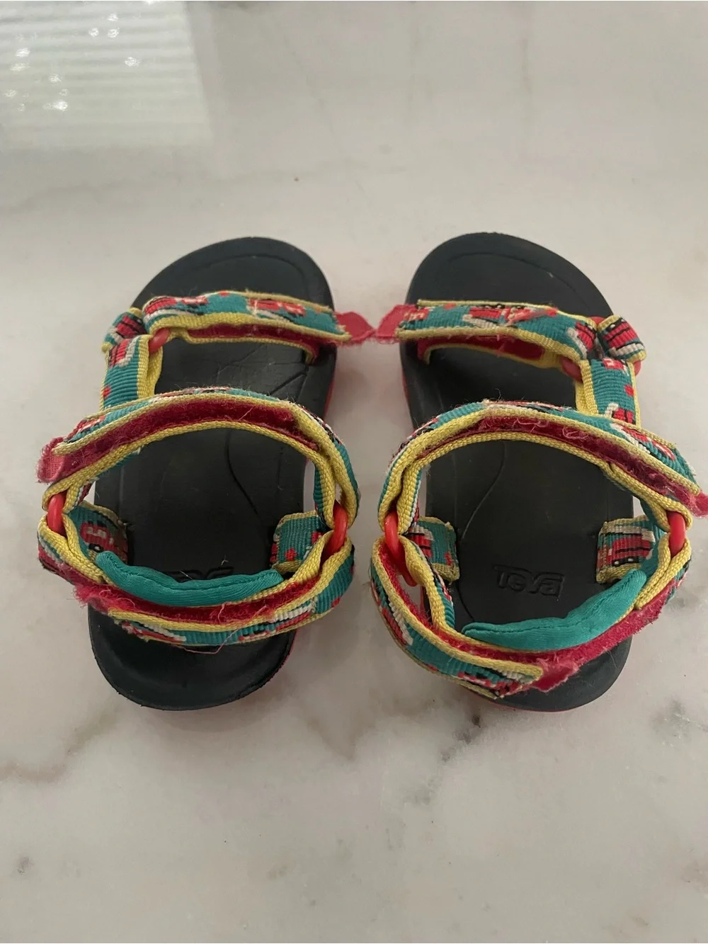 Teva Kids 9.5 Teal and Red Strap Sandals with Firetruck Print #0208